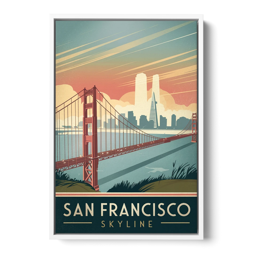 San Francisco Golden Gate Bridge Skyline - White Framed Canvas Wall Art - Front