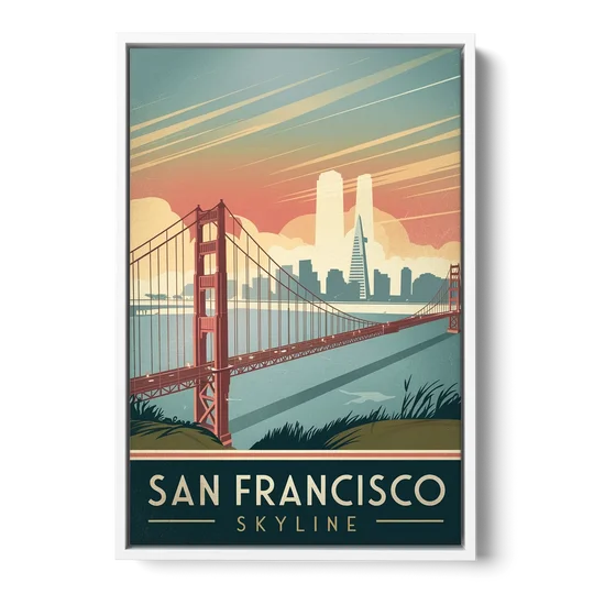 San Francisco Golden Gate Bridge Skyline - White Framed Canvas Wall Art - Front