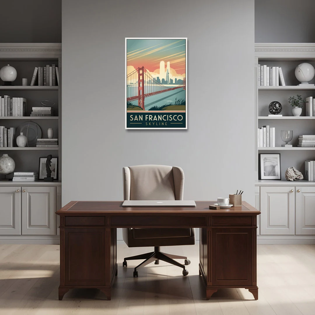 San Francisco Golden Gate Bridge Skyline - White Framed Canvas Wall Art - Office - 24x36