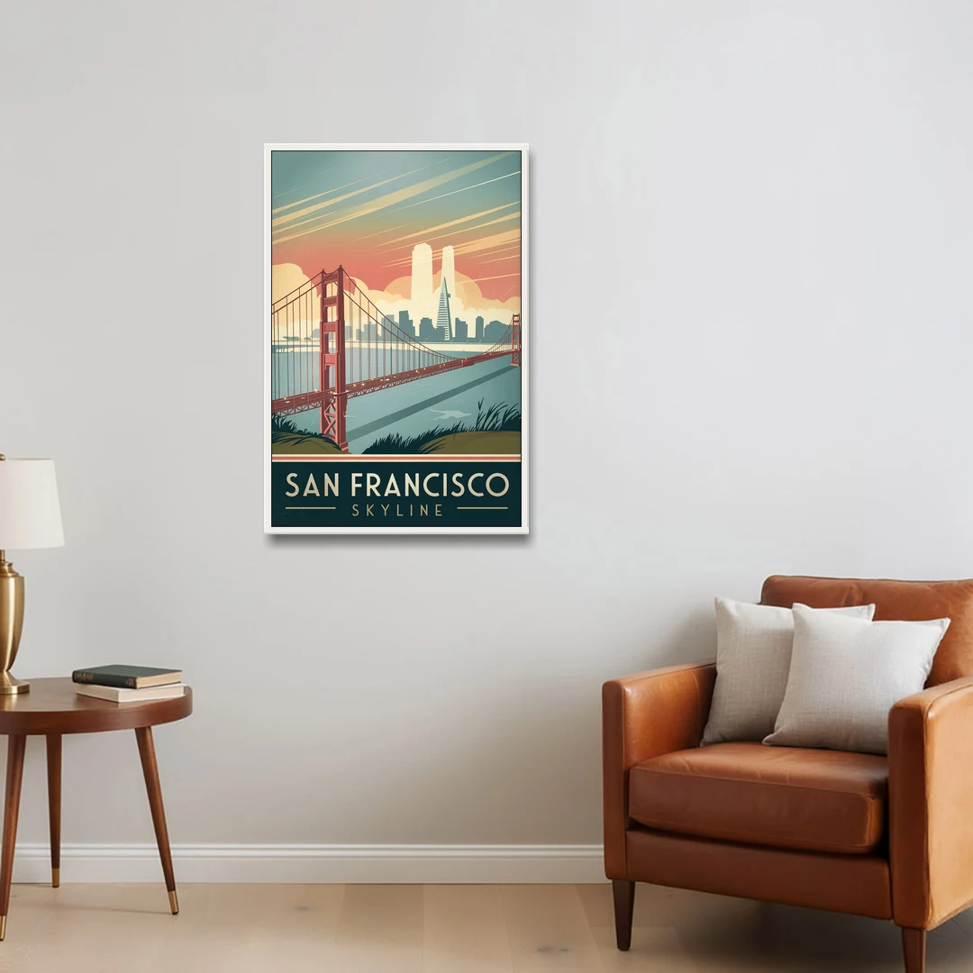 San Francisco Golden Gate Bridge Skyline - White Framed Canvas Wall Art - Sofa - 24x36