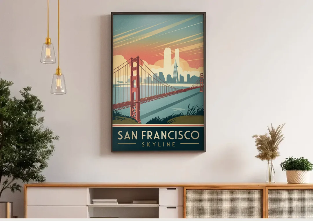 San Francisco Golden Gate Bridge Skyline canvas wall art above a wooden sideboard under pendant lights