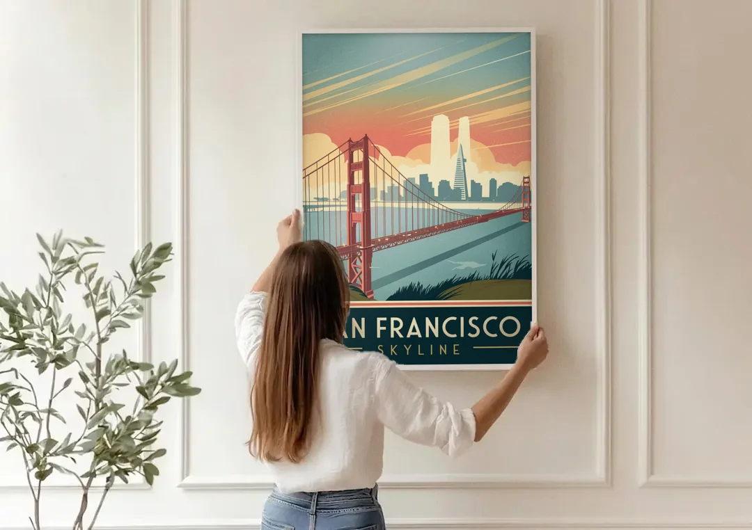 San Francisco Golden Gate Bridge Skyline canvas wall art being hung on a paneled wall