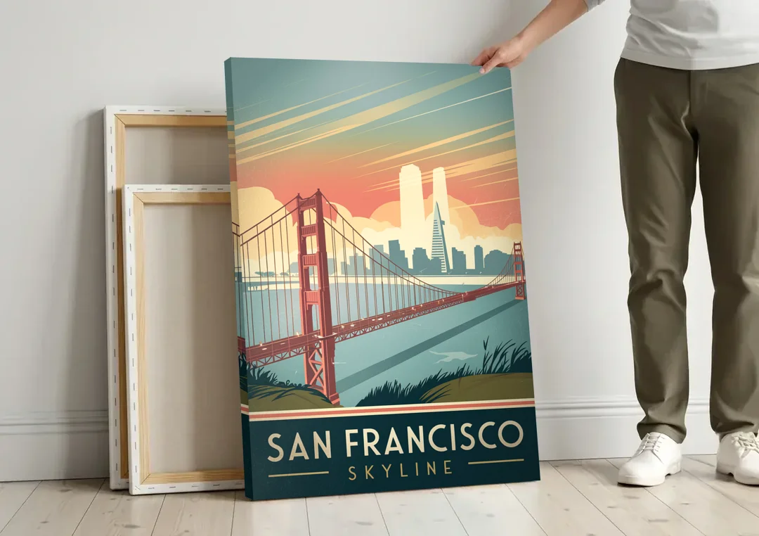 San Francisco Golden Gate Bridge Skyline canvas wall art leaning against a wall next to blank canvases