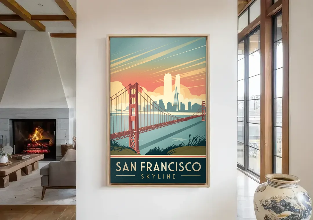 San Francisco Golden Gate Bridge Skyline canvas wall art in a living room with a fireplace
