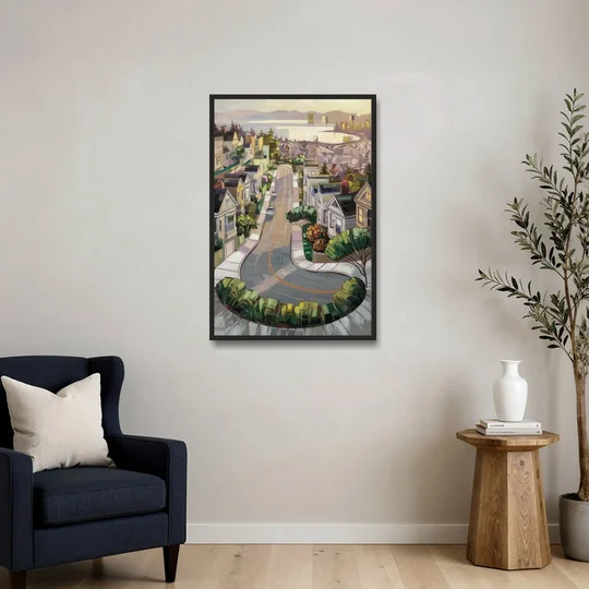 San Francisco Lombard Street Icon - Black Framed Canvas Wall Art - Sofa - 24x36