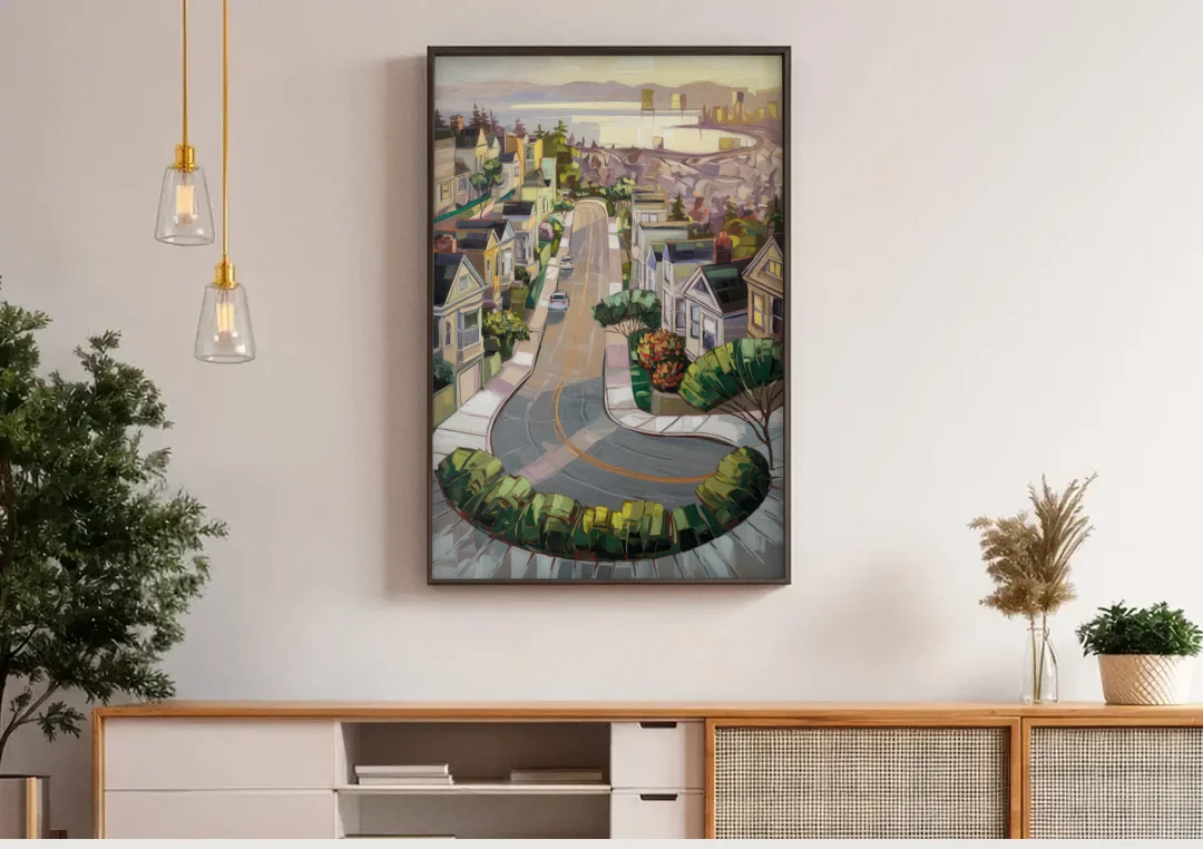 San Francisco Lombard Street Icon canvas wall art above a wooden sideboard under pendant lights