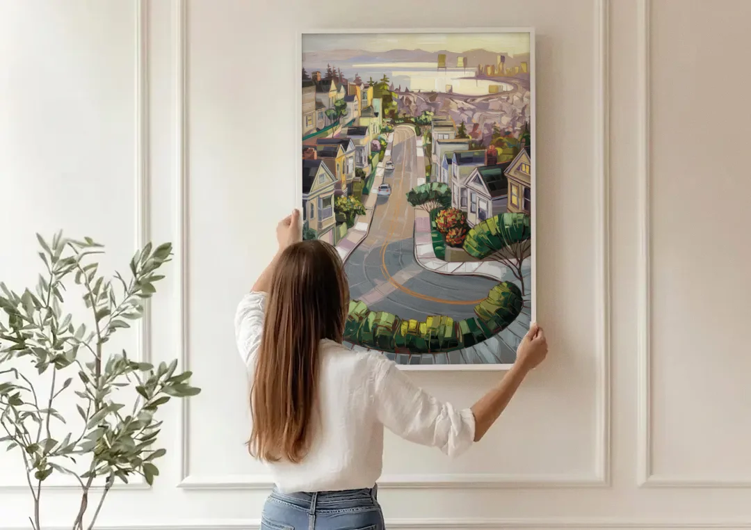 San Francisco Lombard Street Icon canvas wall art being hung on a paneled wall