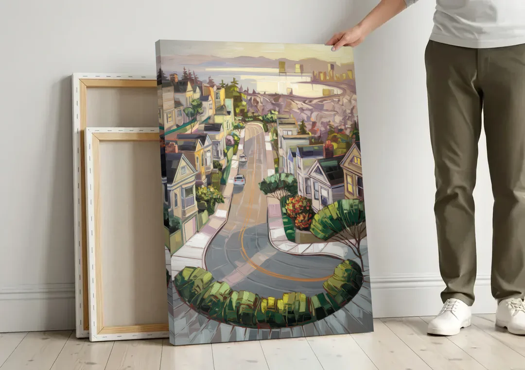San Francisco Lombard Street Icon canvas wall art leaning against a wall next to blank canvases