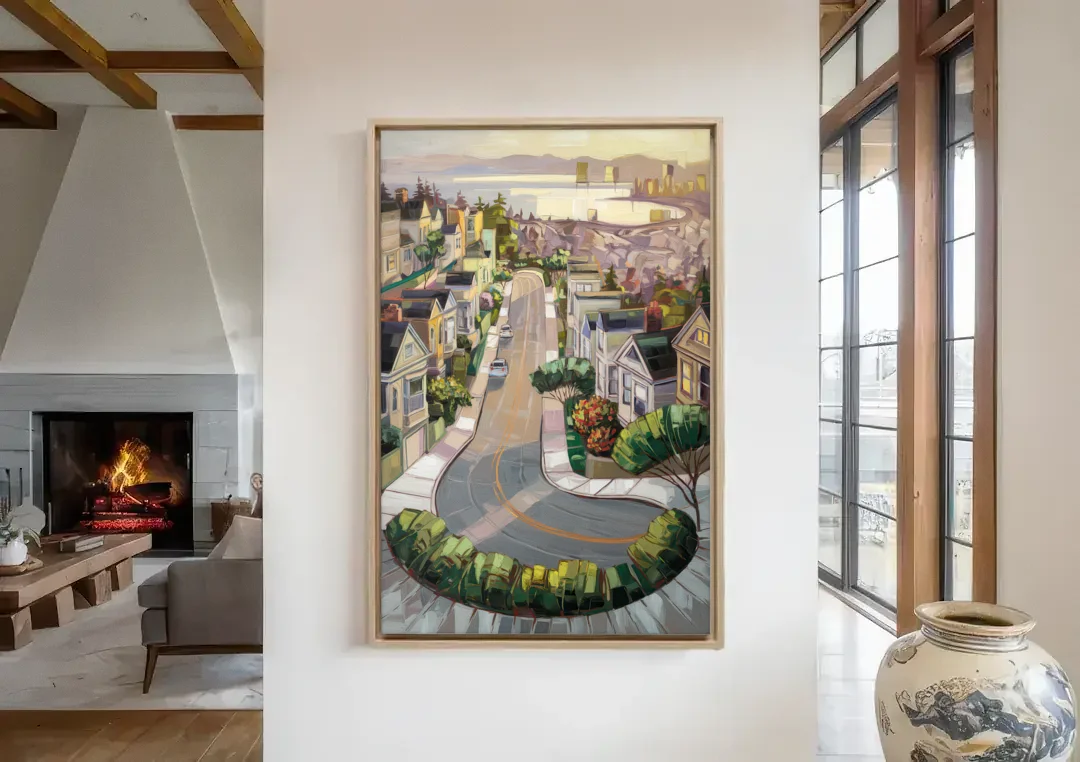 San Francisco Lombard Street Icon canvas wall art in a living room with a fireplace