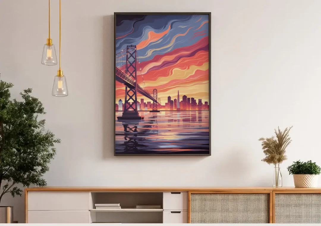 San Francisco Skyline at Sunset canvas wall art above a wooden sideboard under pendant lights