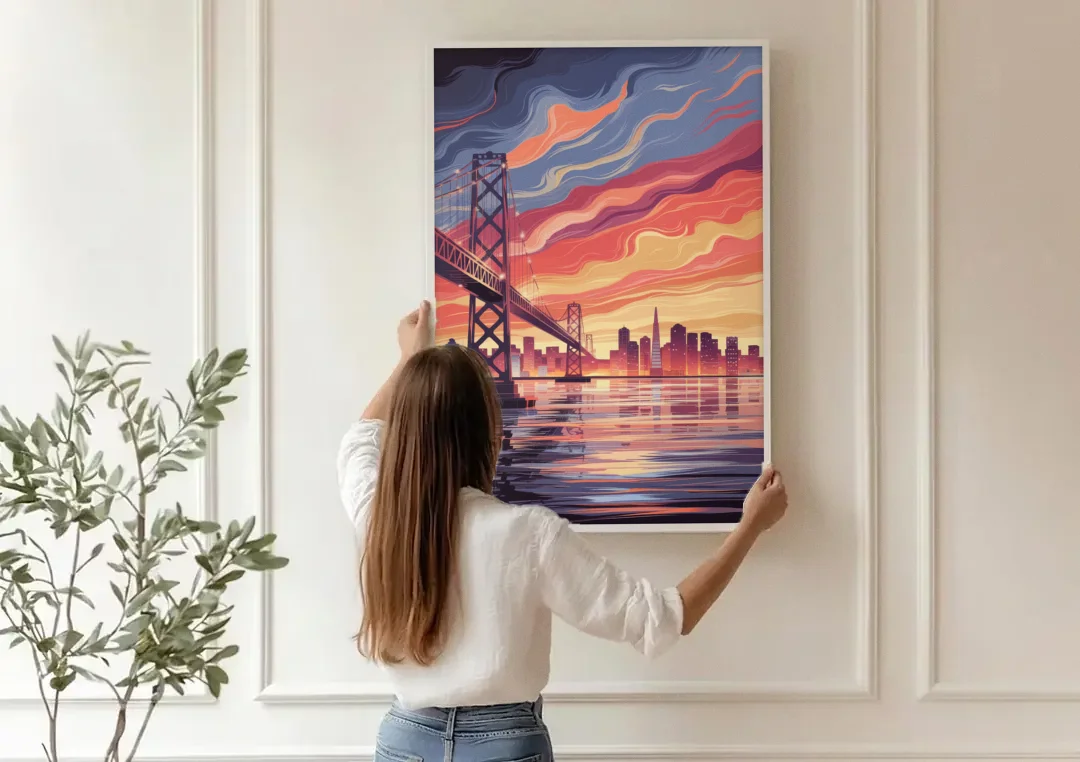 San Francisco Skyline at Sunset canvas wall art being hung on a paneled wall