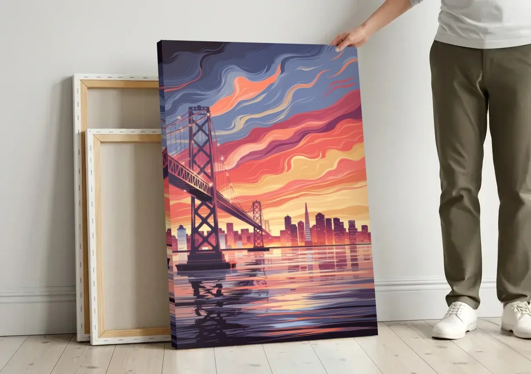 San Francisco Skyline at Sunset canvas wall art leaning against a wall next to blank canvases