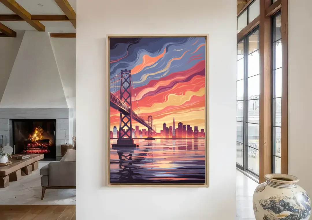 San Francisco Skyline at Sunset canvas wall art in a living room with a fireplace