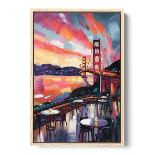 San Francisco Sunset Over the Bay - Oak Framed Canvas Wall Art - Front