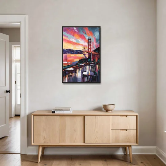 San Francisco Sunset Over the Bay - Black Framed Canvas Wall Art - Coffee Table - 24x36