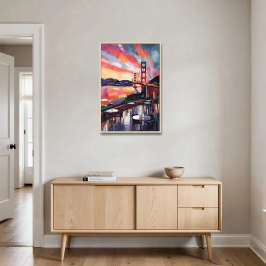 San Francisco Sunset Over the Bay - Oak Framed Canvas Wall Art - Coffee Table - 24x36