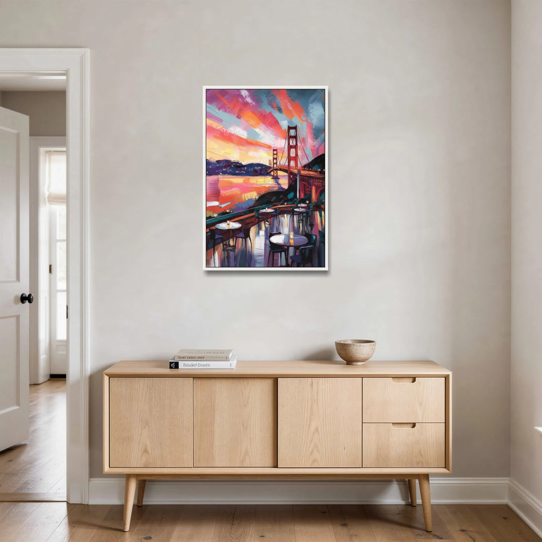 San Francisco Sunset Over the Bay - White Framed Canvas Wall Art - Coffee Table - 24x36