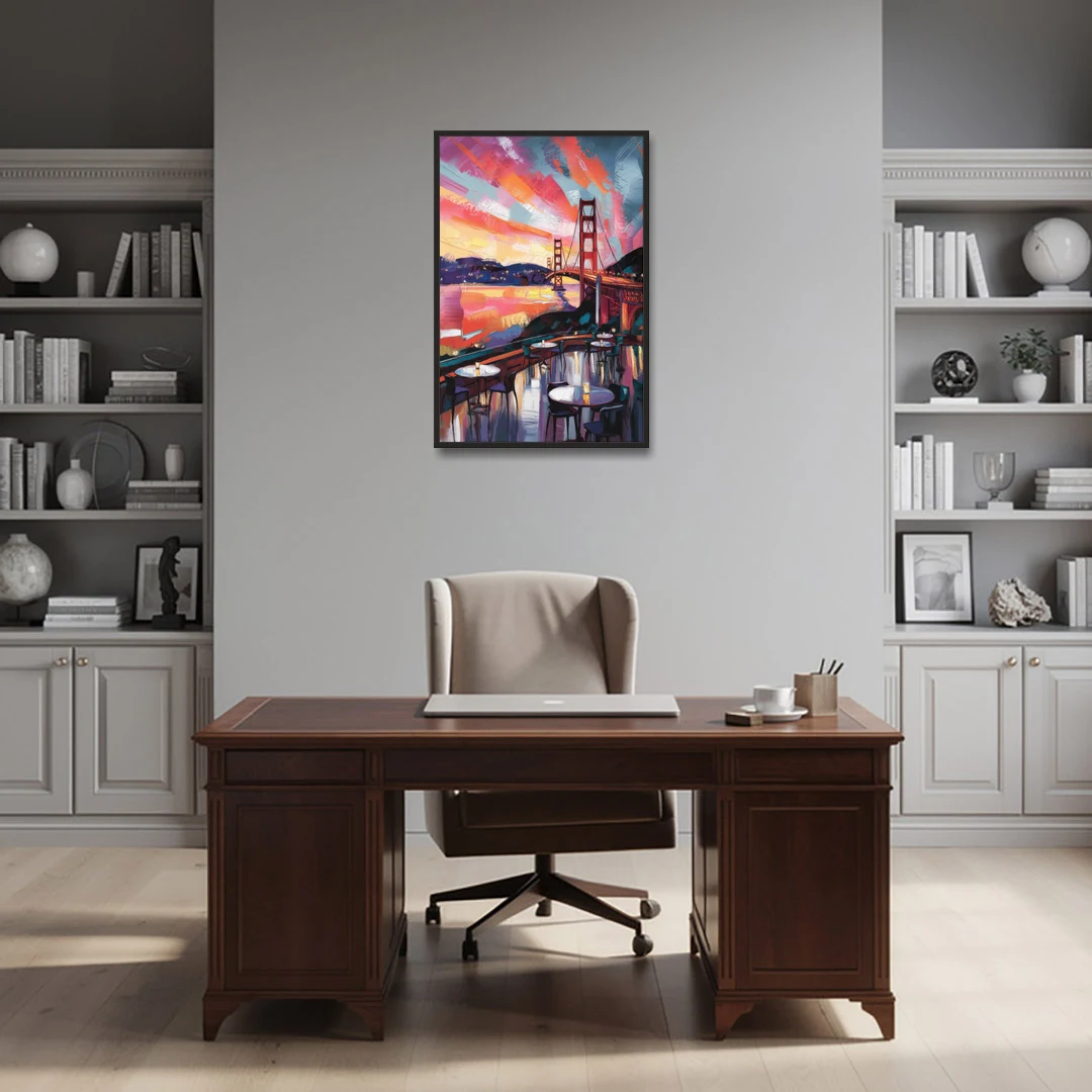 San Francisco Sunset Over the Bay - Black Framed Canvas Wall Art - Office - 24x36