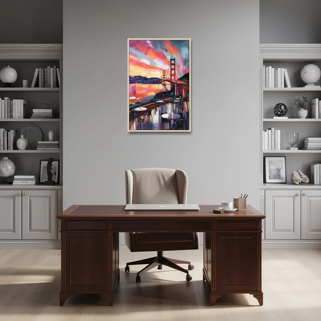 San Francisco Sunset Over the Bay - Oak Framed Canvas Wall Art - Office - 24x36