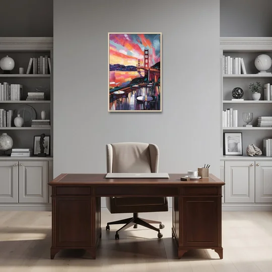 San Francisco Sunset Over the Bay - Oak Framed Canvas Wall Art - Office - 24x36