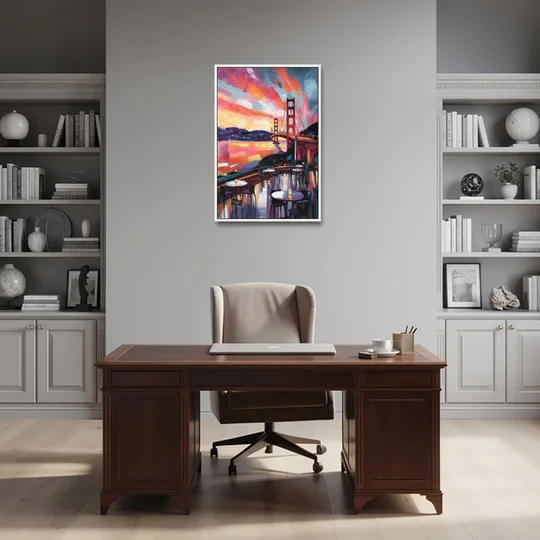 San Francisco Sunset Over the Bay - White Framed Canvas Wall Art - Office - 24x36