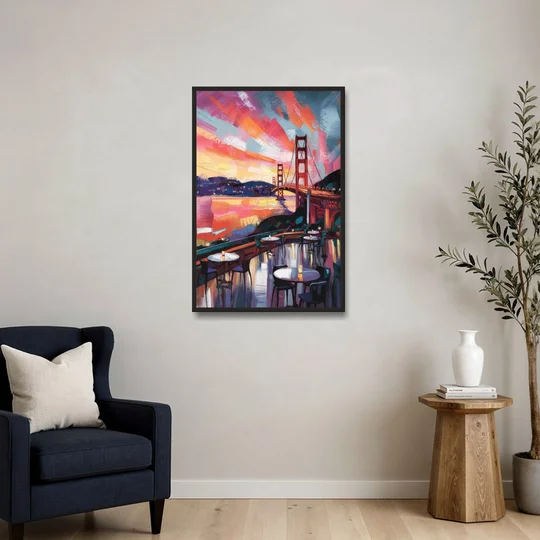 San Francisco Sunset Over the Bay - Black Framed Canvas Wall Art - Sofa - 24x36