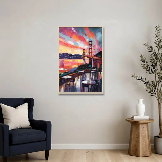 San Francisco Sunset Over the Bay - Oak Framed Canvas Wall Art - Sofa - 24x36
