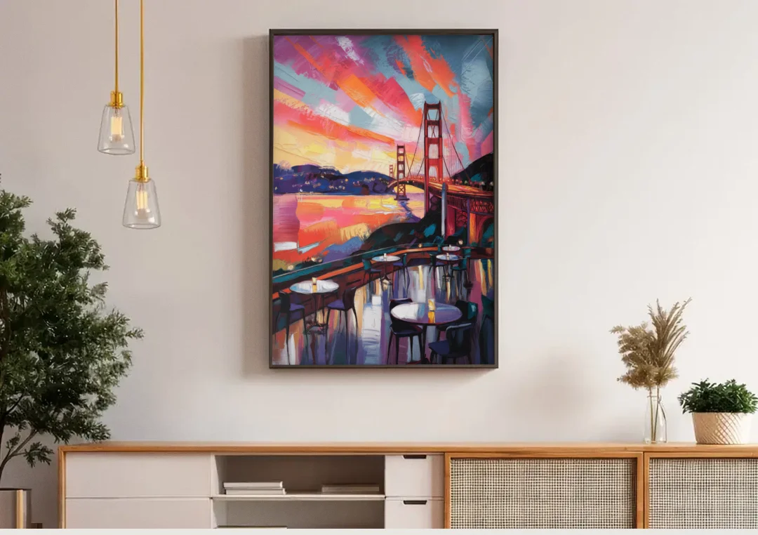 San Francisco Sunset Over the Bay canvas wall art above a wooden sideboard under pendant lights