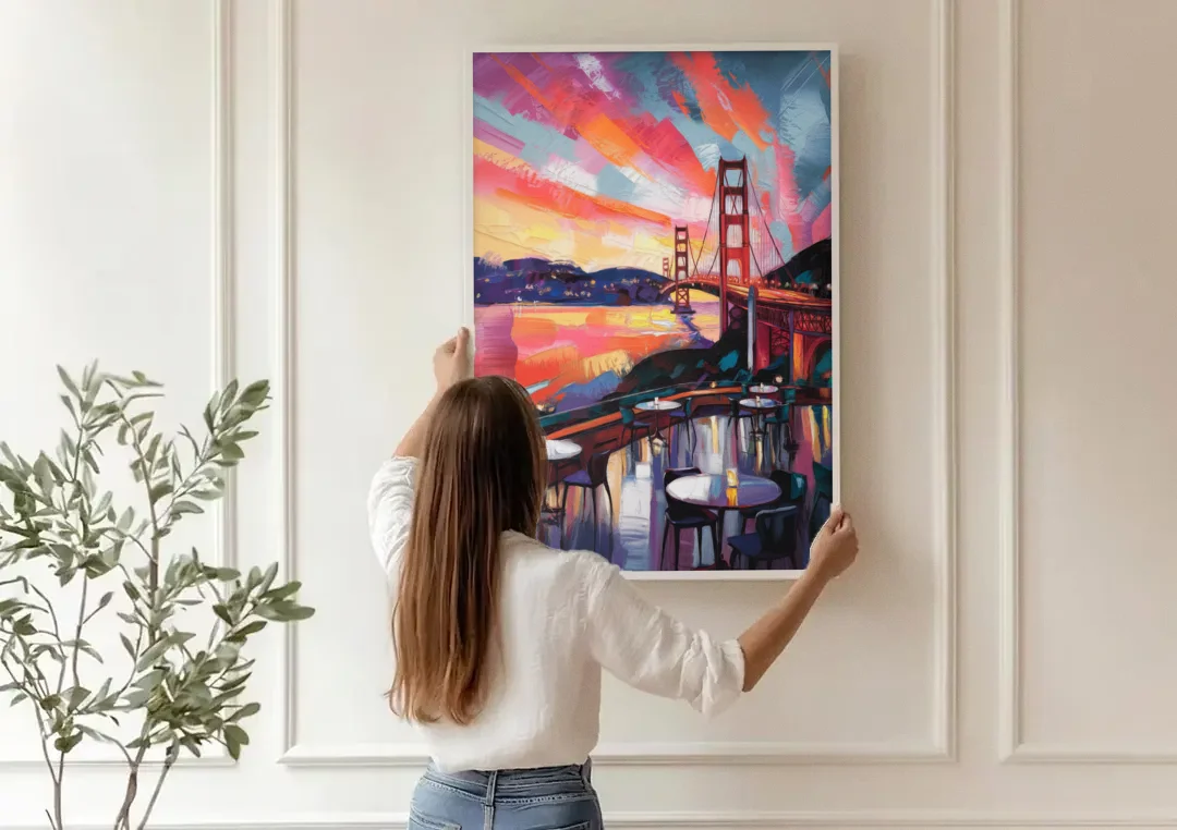 San Francisco Sunset Over the Bay canvas wall art being hung on a paneled wall
