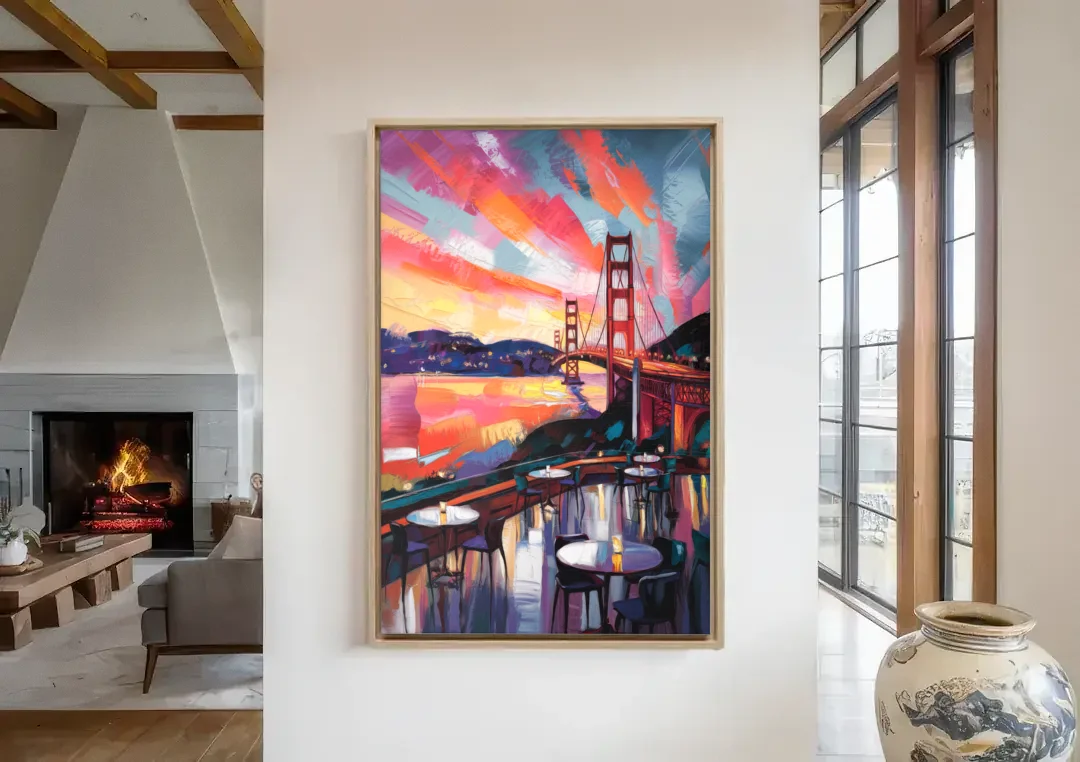 San Francisco Sunset Over the Bay canvas wall art in a living room with a fireplace