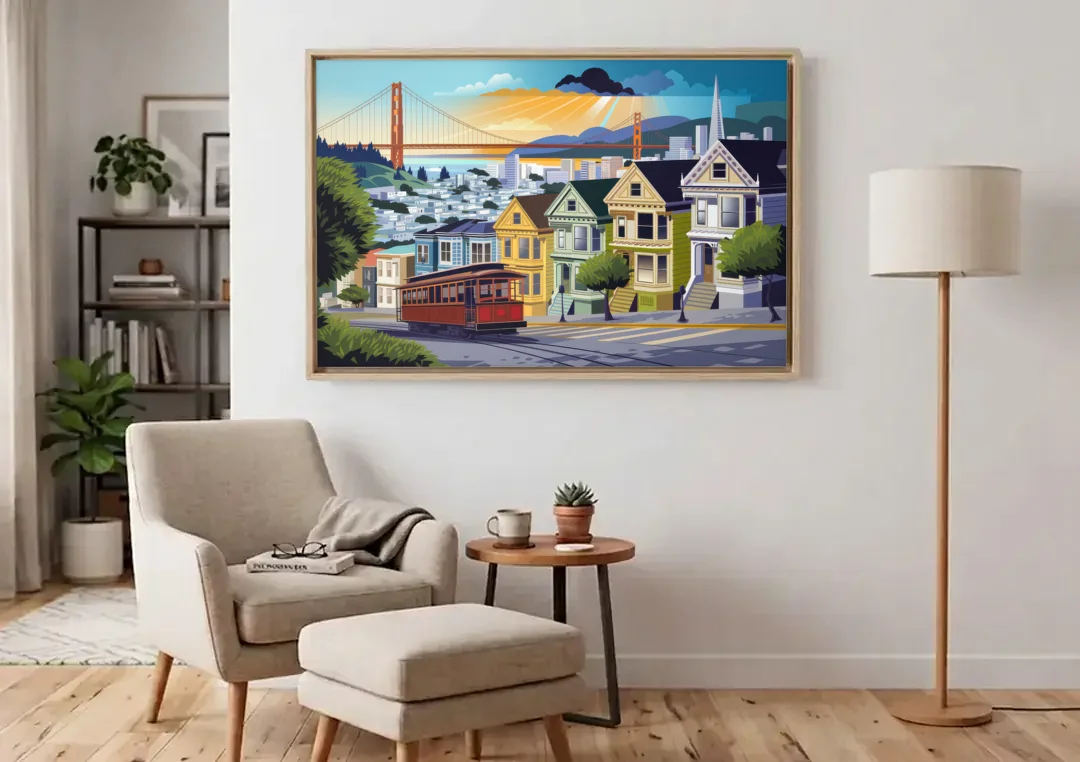 San Francisco Urban Landscape canvas wall art above an armchair in a bright living room