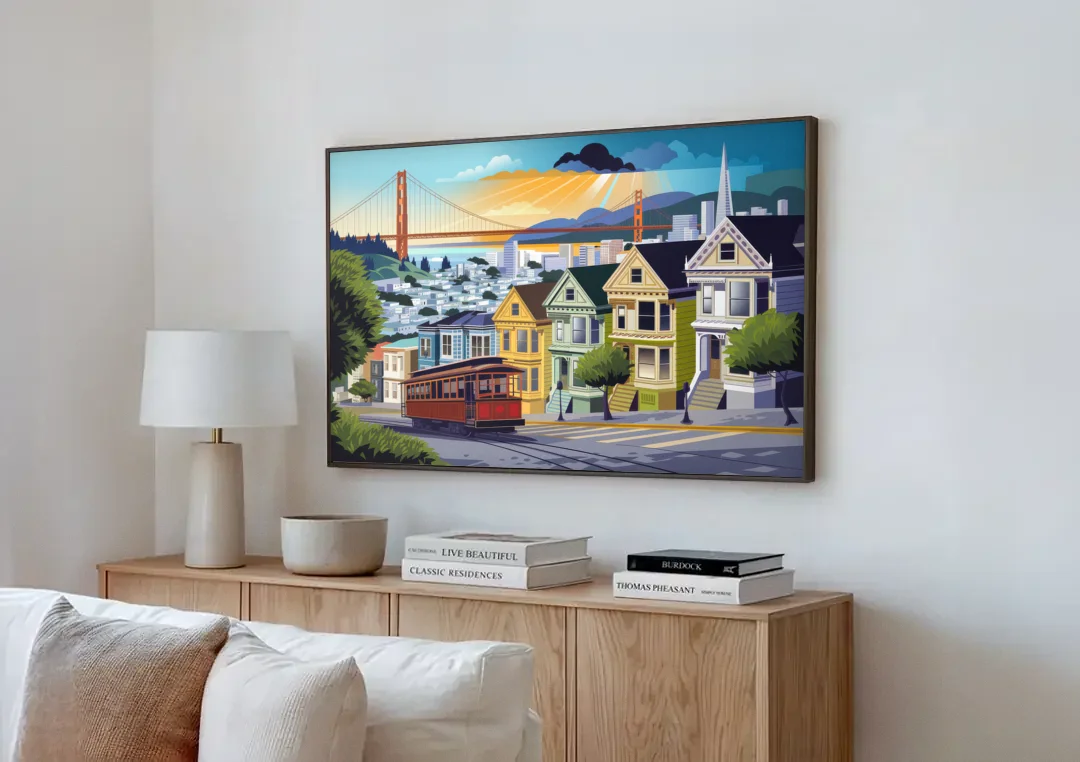 San Francisco Urban Landscape canvas wall art above a wooden sideboard next to a sofa