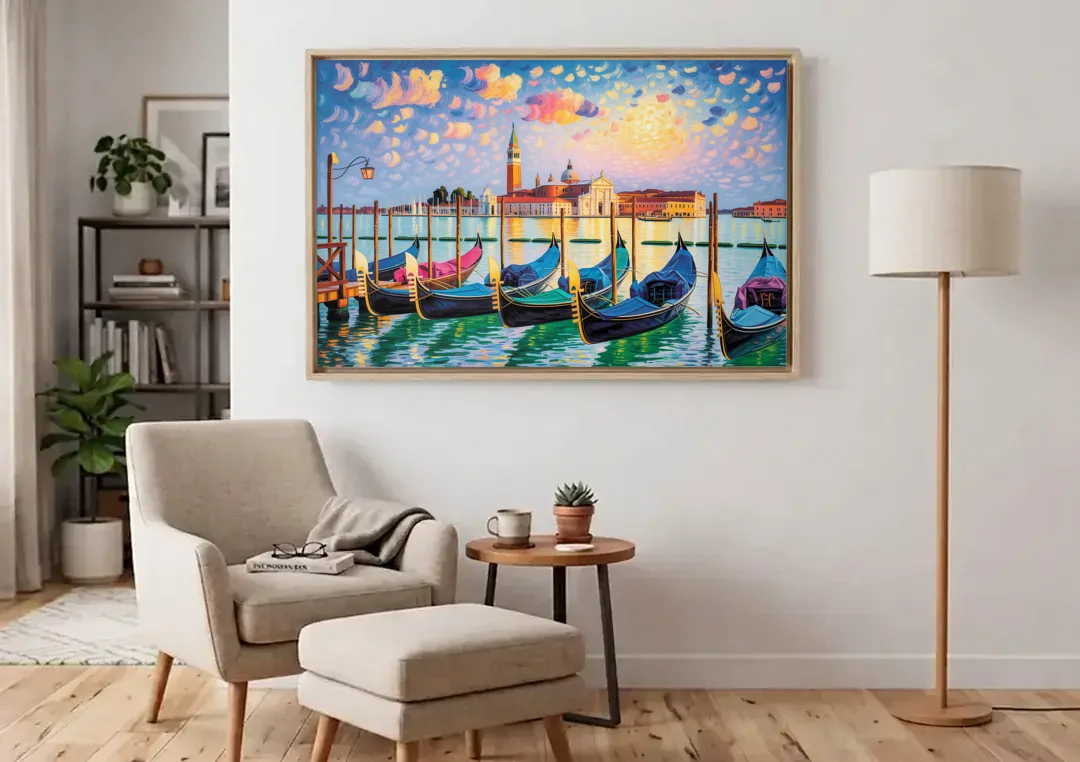 San Giorgio Maggiore View canvas wall art above an armchair in a bright living room