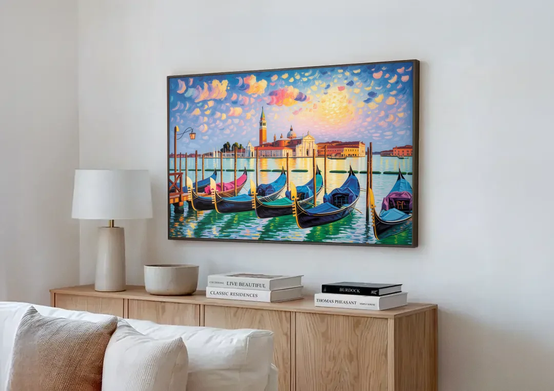 San Giorgio Maggiore View canvas wall art above a wooden sideboard next to a sofa