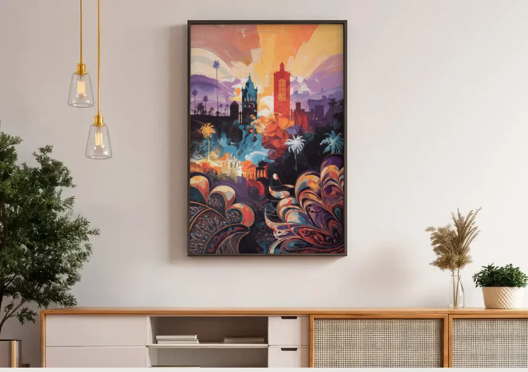 San Jose Cultural Heritage canvas wall art above a wooden sideboard under pendant lights