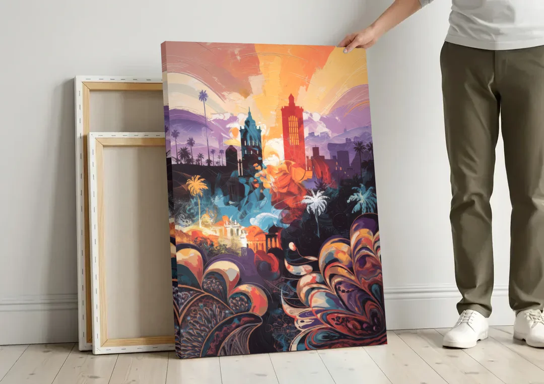 San Jose Cultural Heritage canvas wall art leaning against a wall next to blank canvases