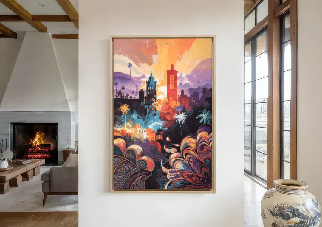 San Jose Cultural Heritage canvas wall art in a living room with a fireplace