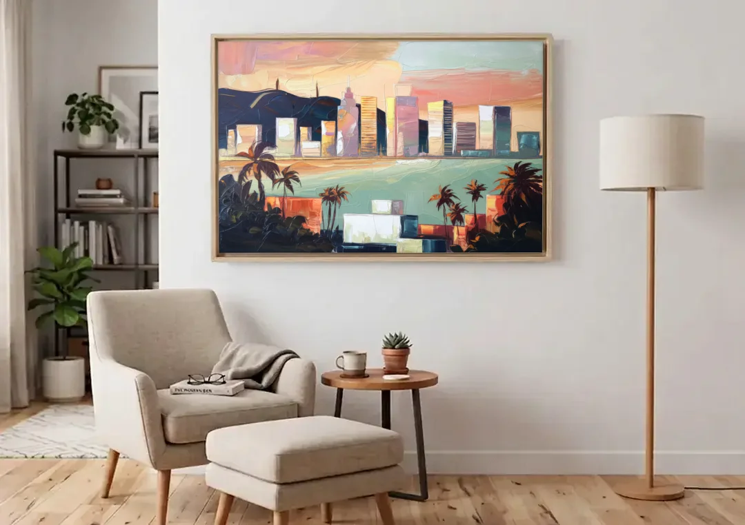 San Jose Downtown Skyline canvas wall art above an armchair in a bright living room
