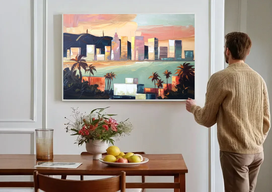 San Jose Downtown Skyline canvas wall art above a dining table