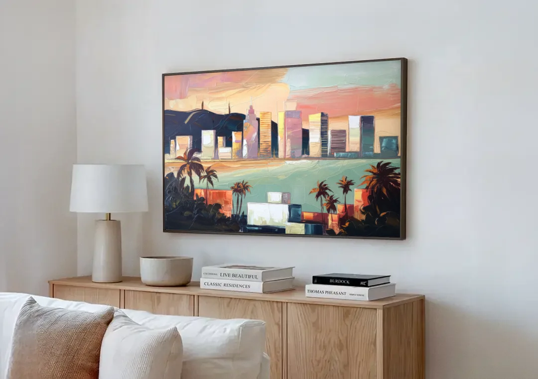 San Jose Downtown Skyline canvas wall art above a wooden sideboard next to a sofa
