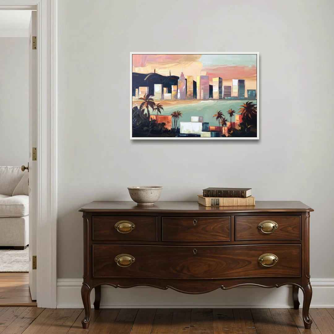 San Jose Downtown Skyline - White Framed Canvas Wall Art - Coffee Table - 36x24