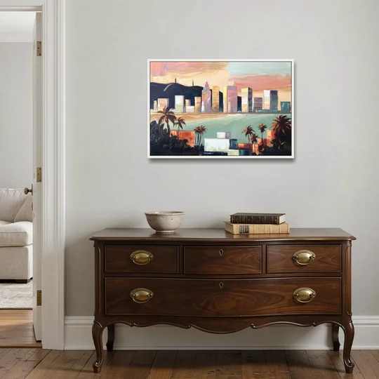 San Jose Downtown Skyline - White Framed Canvas Wall Art - Coffee Table - 36x24