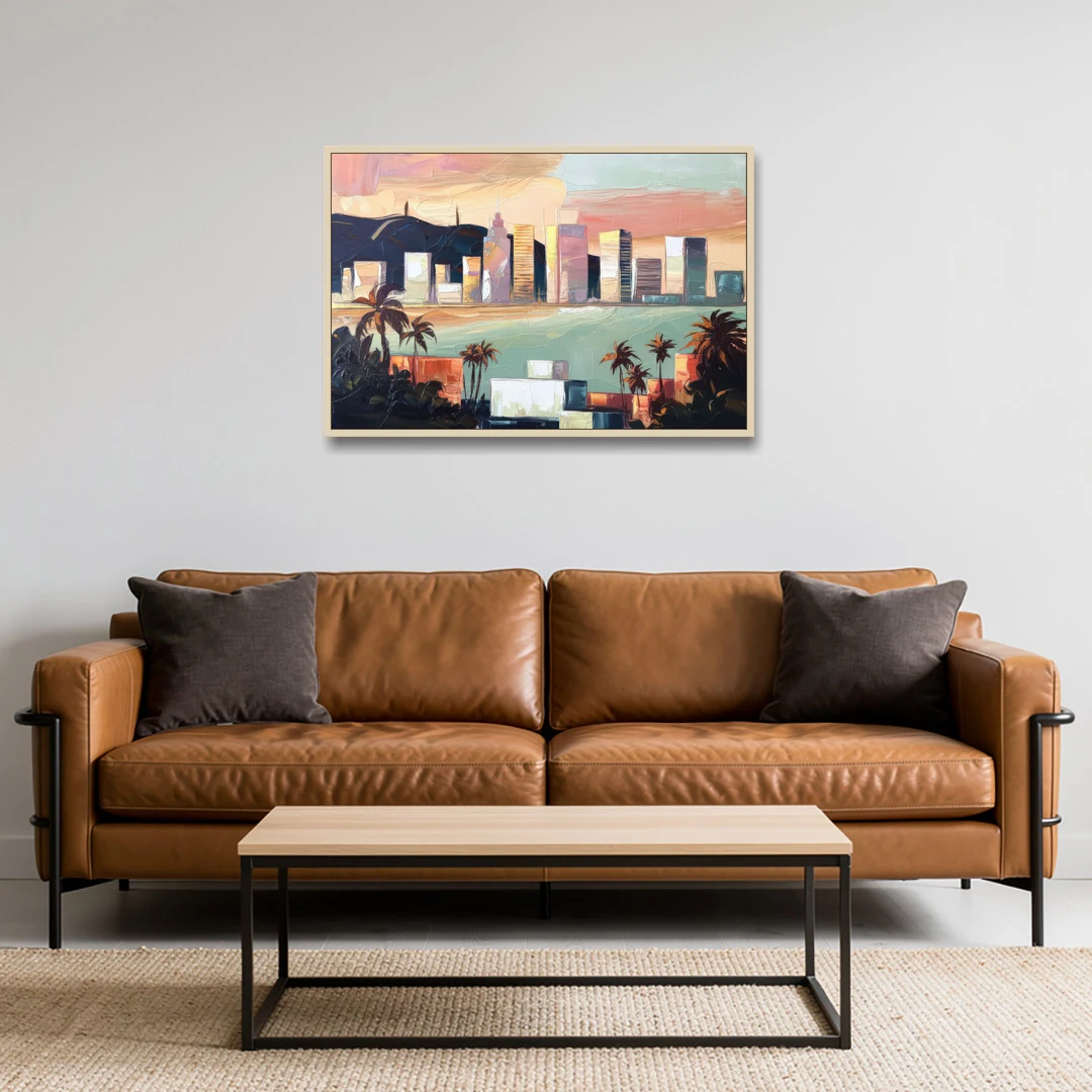 San Jose Downtown Skyline - Oak Framed Canvas Wall Art - Sofa - 36x24
