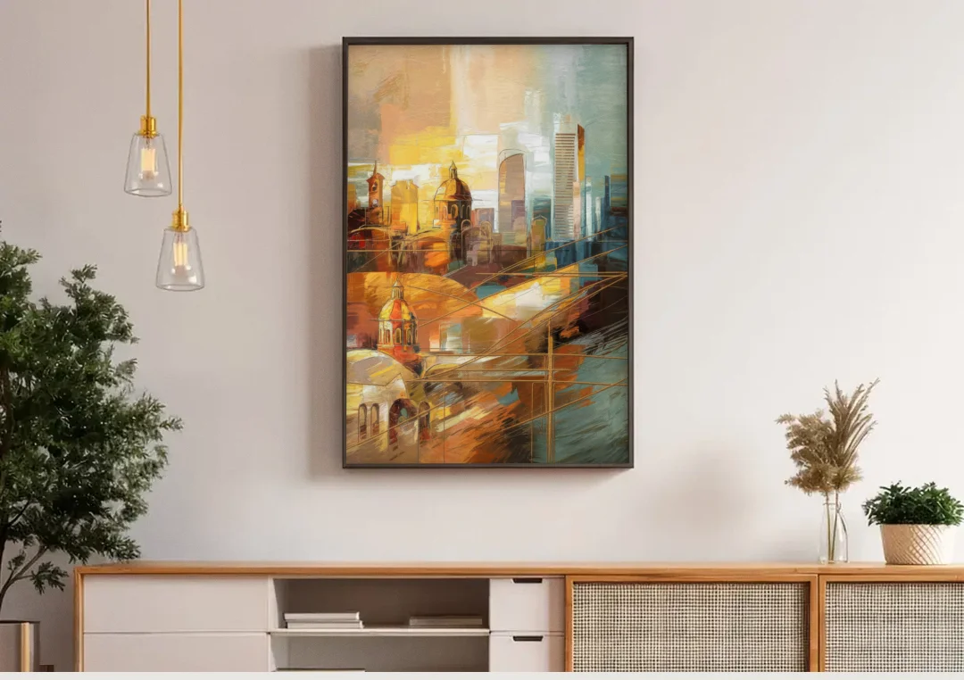 San Jose Historic Landmarks canvas wall art above a wooden sideboard under pendant lights