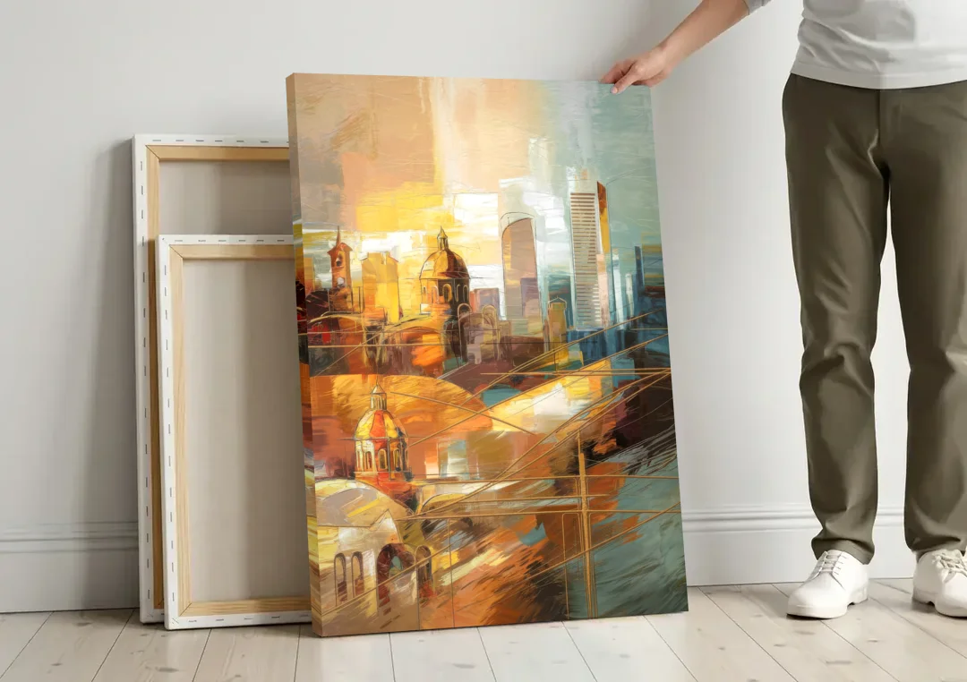San Jose Historic Landmarks canvas wall art leaning against a wall next to blank canvases