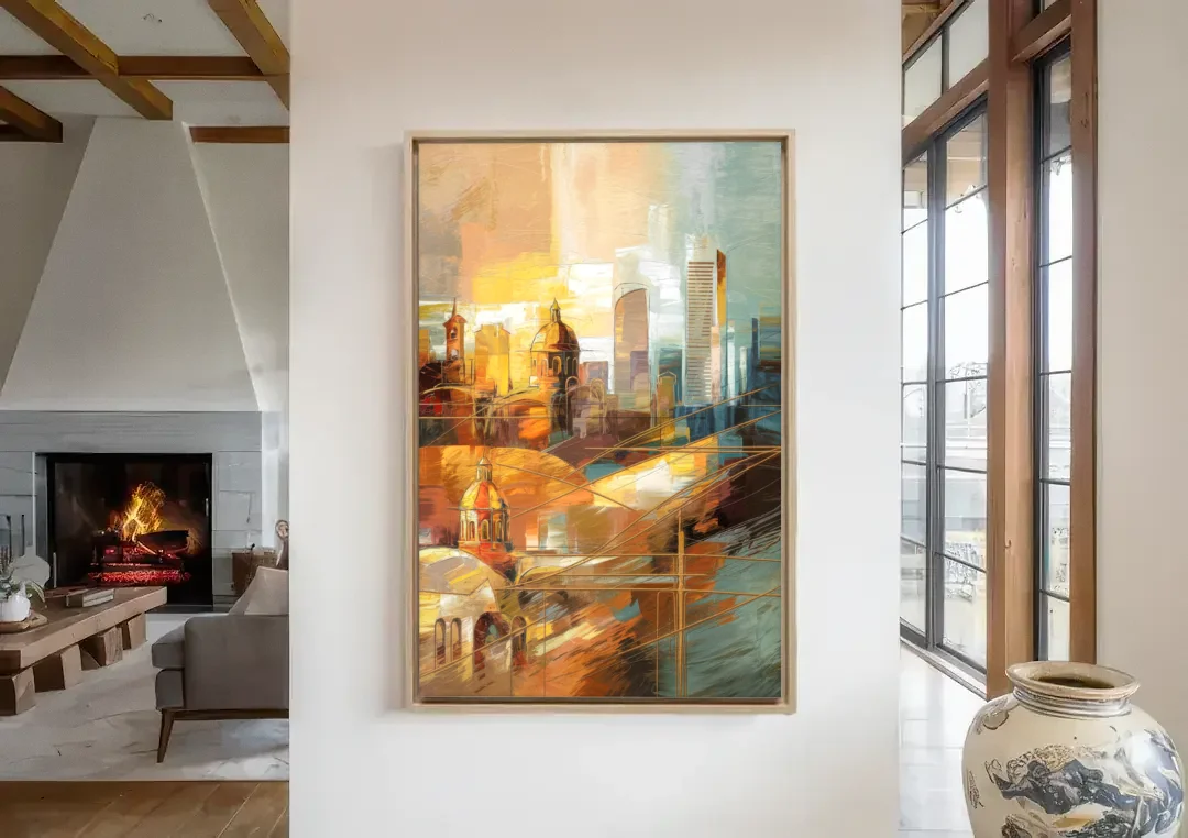 San Jose Historic Landmarks canvas wall art in a living room with a fireplace