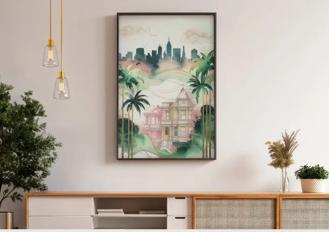San Jose Urban Charm canvas wall art above a wooden sideboard under pendant lights