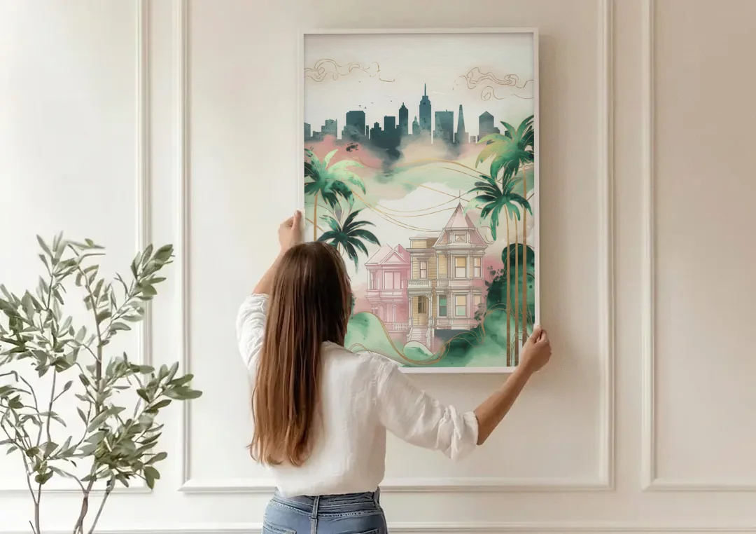 San Jose Urban Charm canvas wall art being hung on a paneled wall