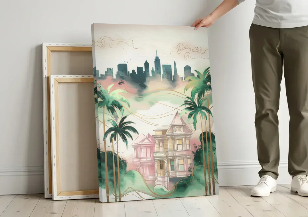 San Jose Urban Charm canvas wall art leaning against a wall next to blank canvases