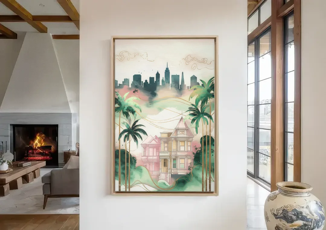 San Jose Urban Charm canvas wall art in a living room with a fireplace